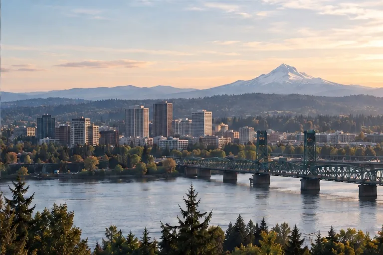 Illustrative city skyline and mountain in warm morning light