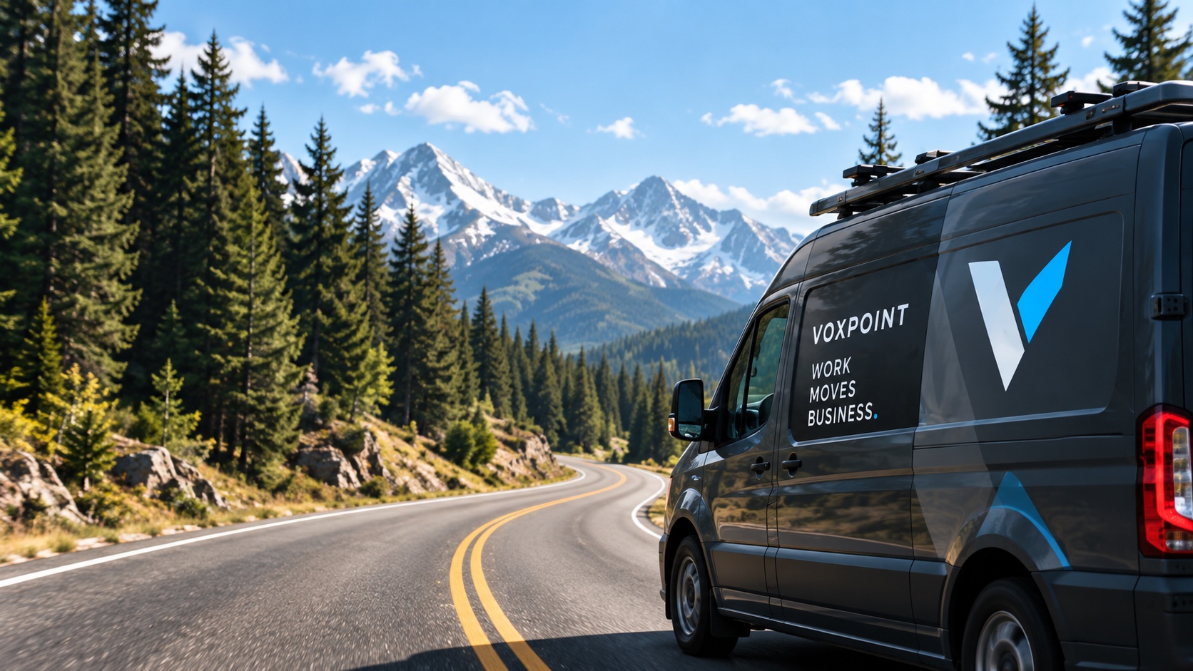 VoxPoint service van on a mountain road